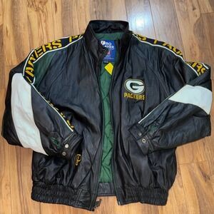 Vintage Pro‎ Player Green Bay Packers Leather Jacket Mens XXL Black Green NFL